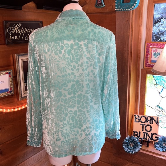 NWT Sheer sexy shirt flowery velvety pattern button down long sleeve top - Picture 6 of 10